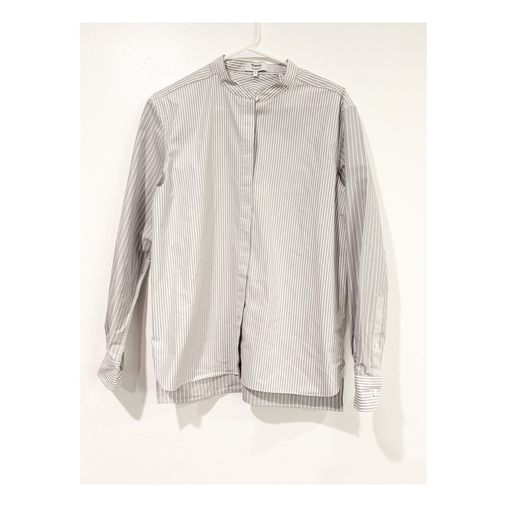 Theory Project Womens Grey White Striped Band Collar Button Down Shirt Size M